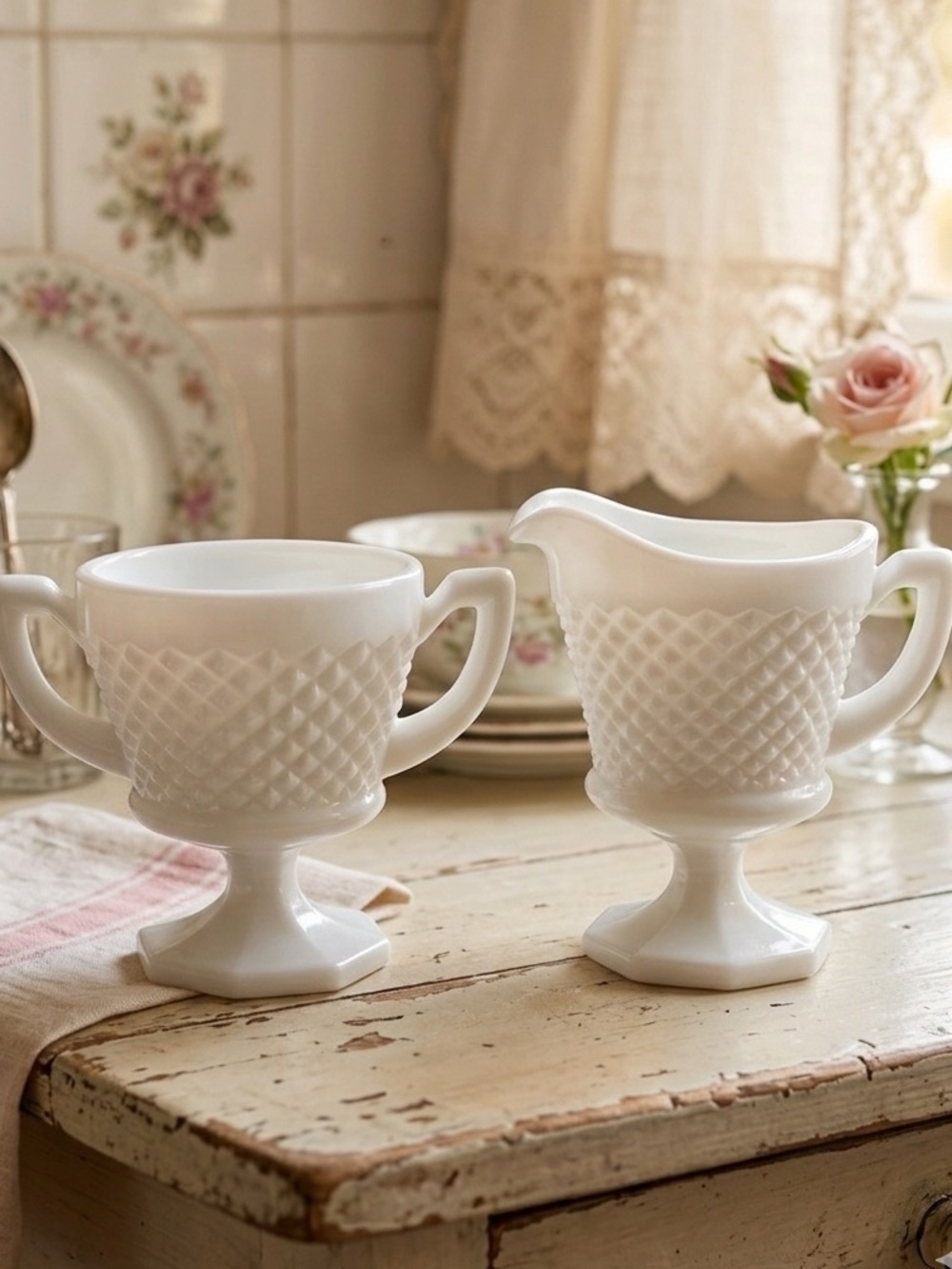 🌸 Vintage Westmoreland English Milkglass Sugar and Creamer Pedestal Set